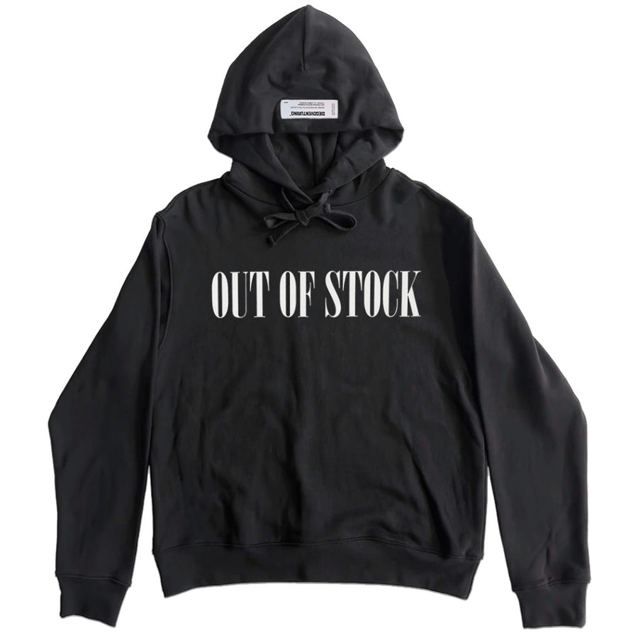 Diego Venturino – Out of Stock Sweatshirt – Front view, black hoodie with white chest lettering