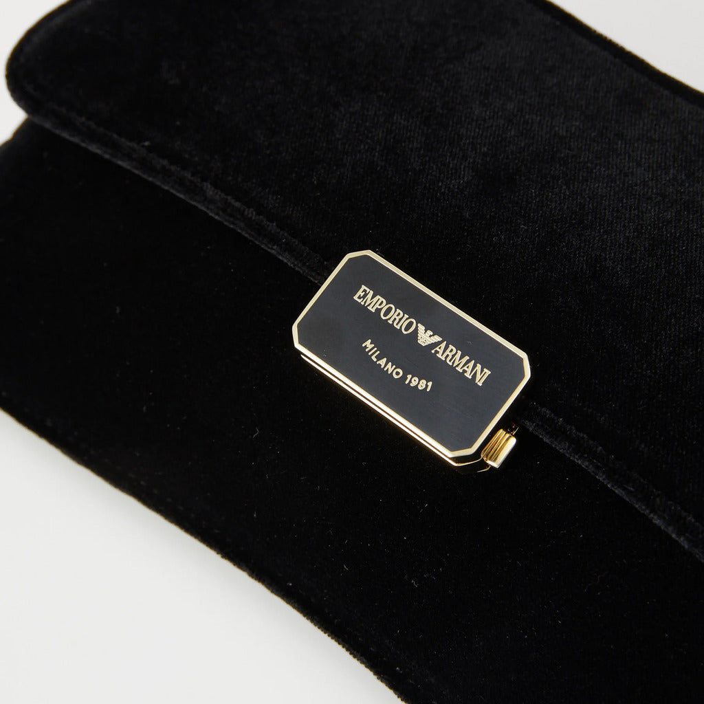 Emporio Armani – black velvet clutch bag – logo plaque close-up on velvet