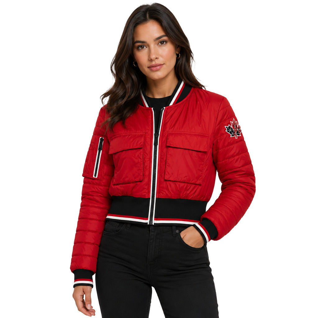 Moose Knuckles – red cropped down jacket – model wearing it, front view with pockets