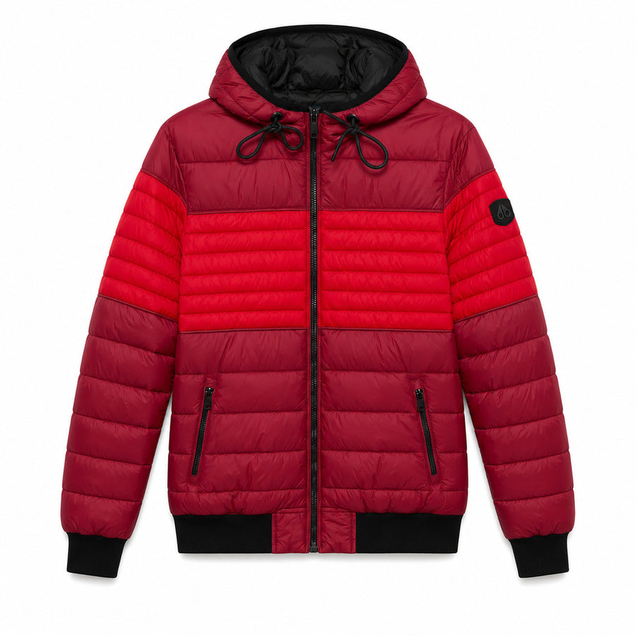 Moose Knuckles – Terra Nova red down jacket – front flat lay with black cuffs