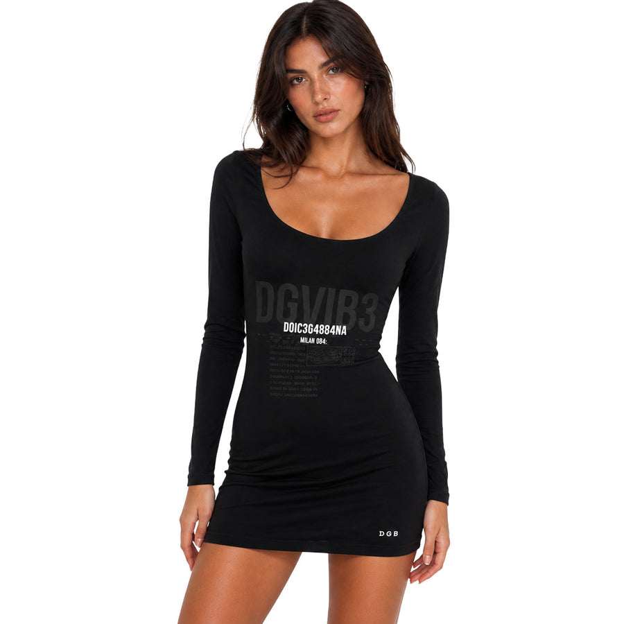 Dolce & Gabbana – black printed sheath dress – front view on model