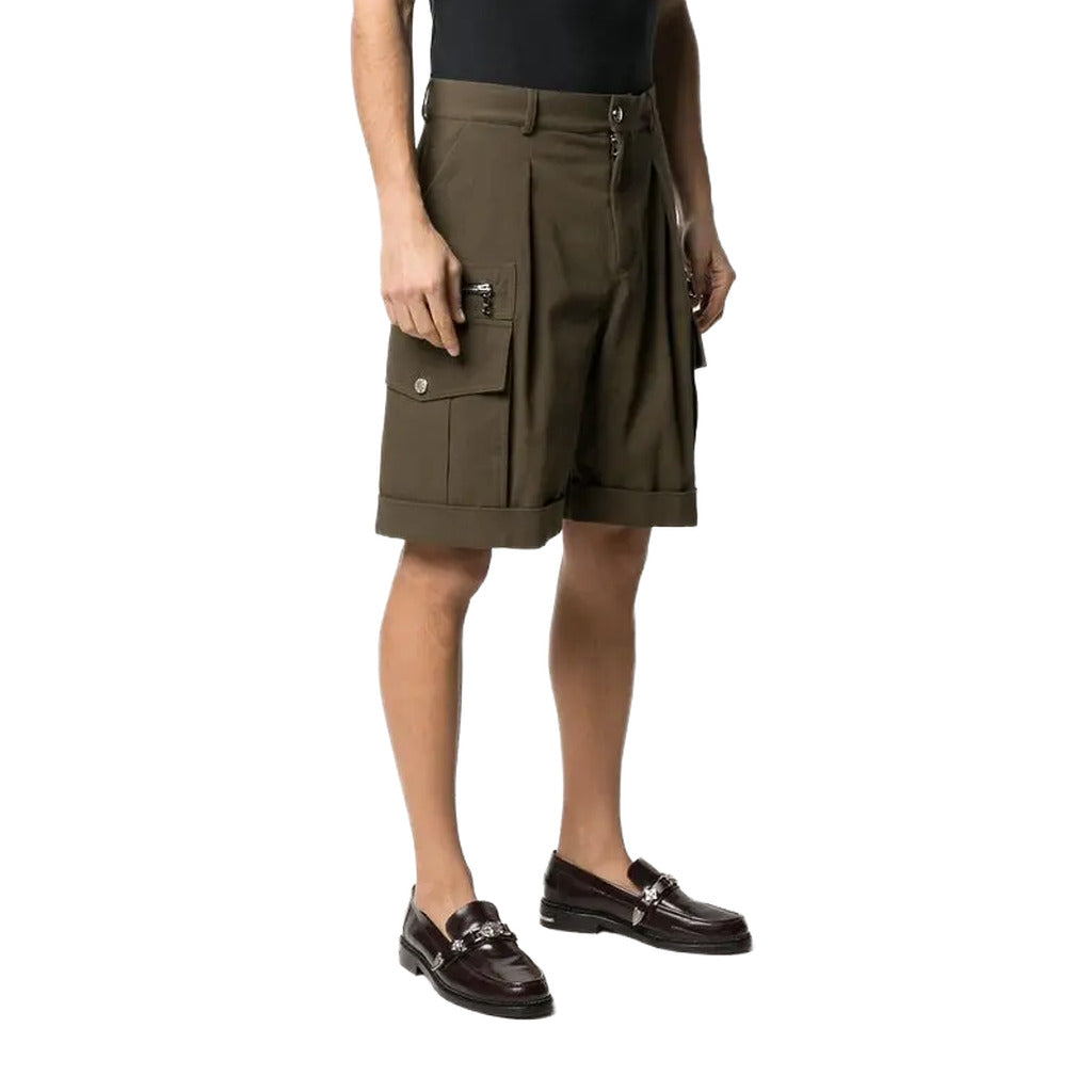 Balmain – military green cotton cargo shorts – front view worn with cuffed hems