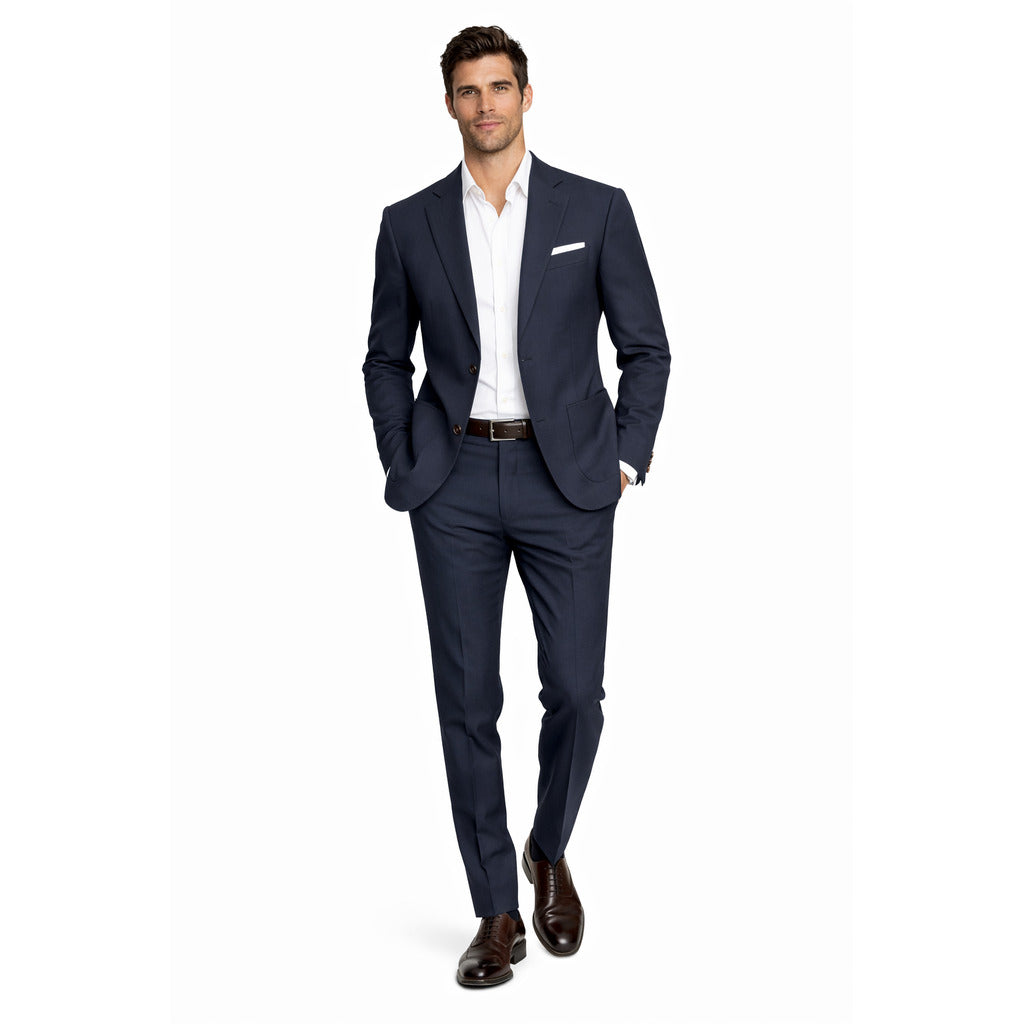 Loro Piana Tessuto – blue virgin wool suit – model wearing it, front view