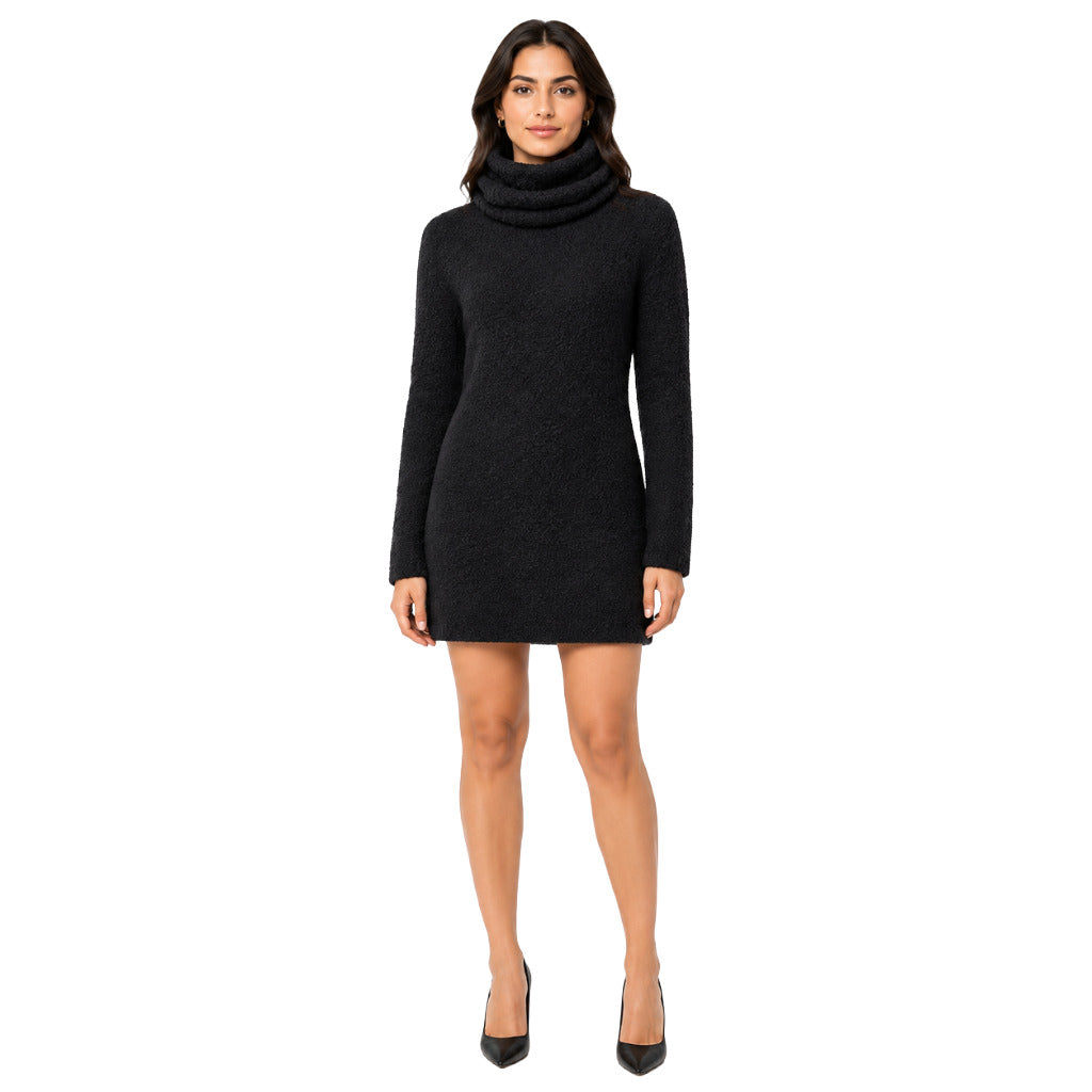 Dolce & Gabbana – black bouclé high-neck dress – model wearing it, full-length front view