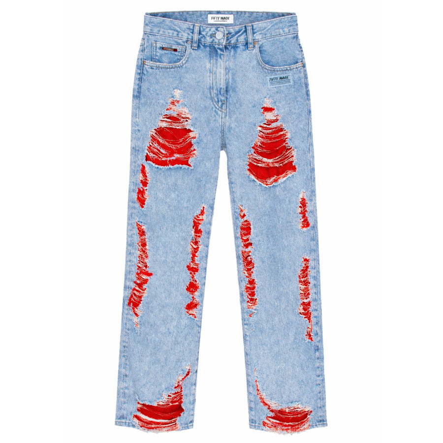 Fifty Made – blue ripped jeans – front flat view with bright red distressed patches