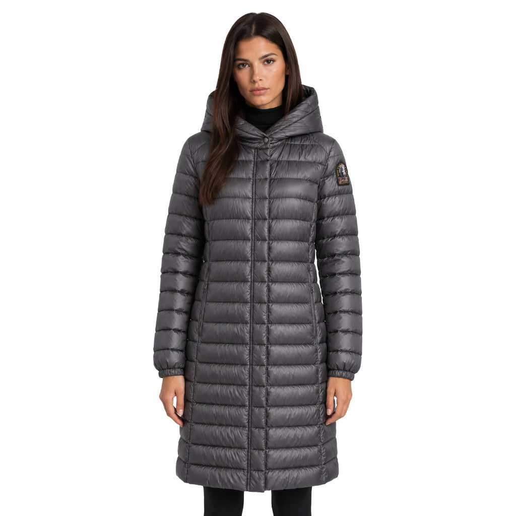 Parajumpers – Magalie long gray down jacket – front view worn by model, hood visible