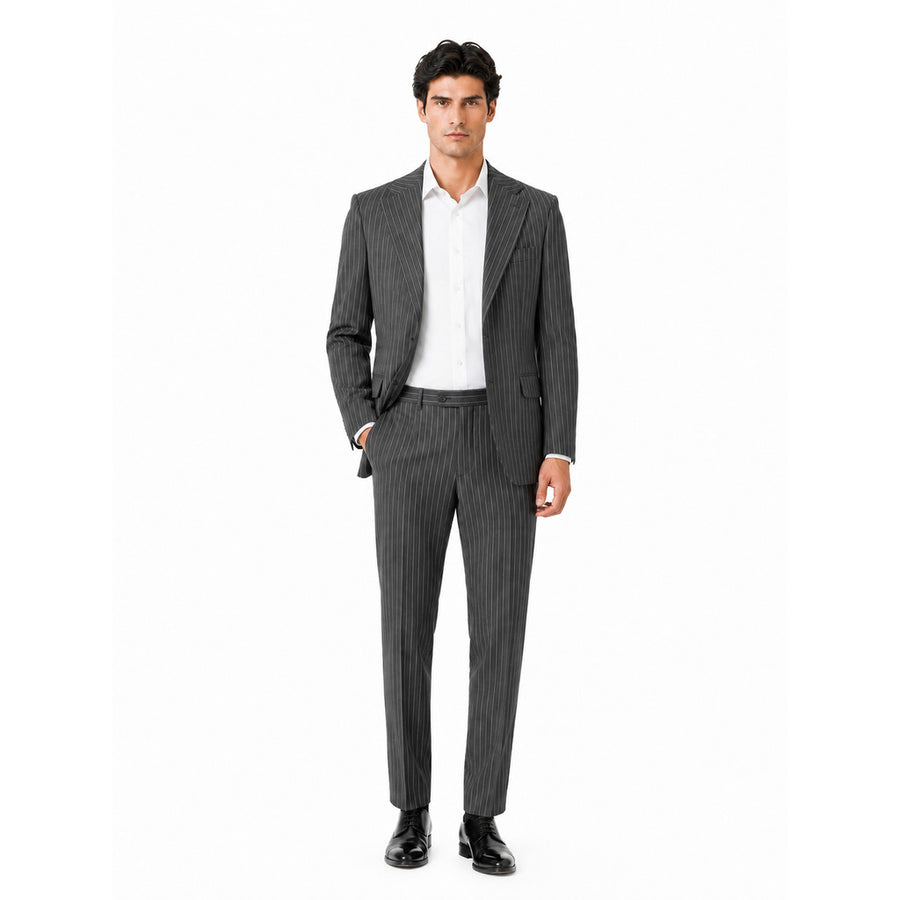 Ermenegildo Zegna Tessuto – grey pinstripe wool suit – full front view worn by model