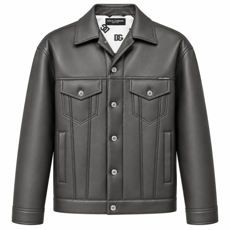 Dolce & Gabbana – grey rubberized synthetic jacket – front view with button closure and flap pockets