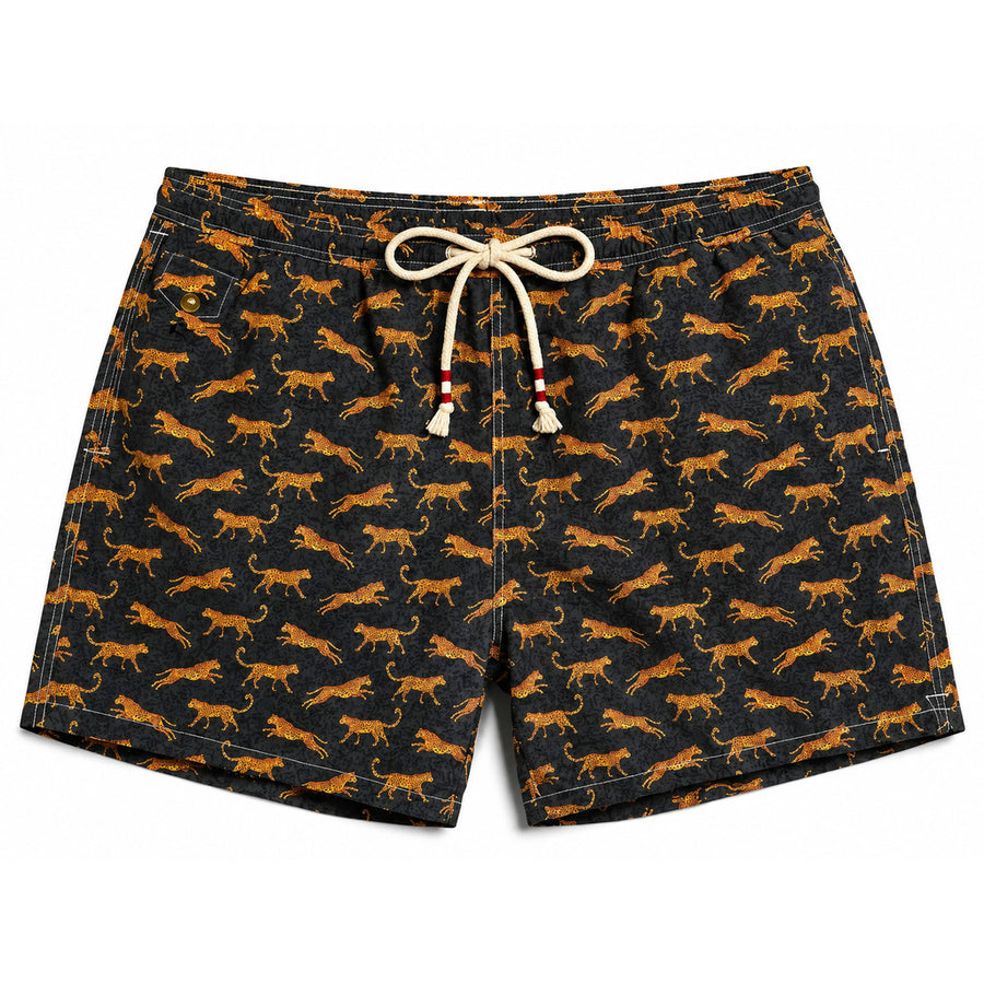 Mc2 Saint Barth – black leopard-print swim shorts – front flat lay with cream drawstring