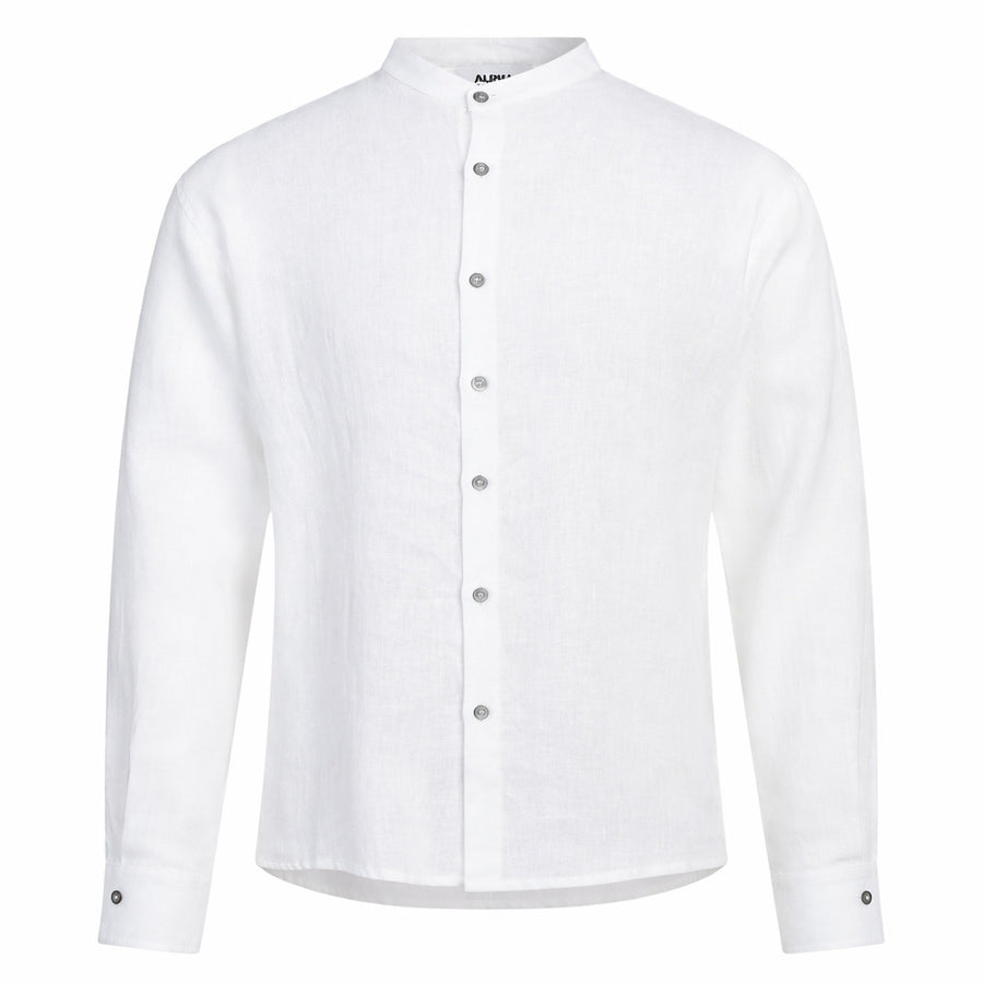 Alpha Studio – Guru white linen shirt – front packshot with stand collar and buttons