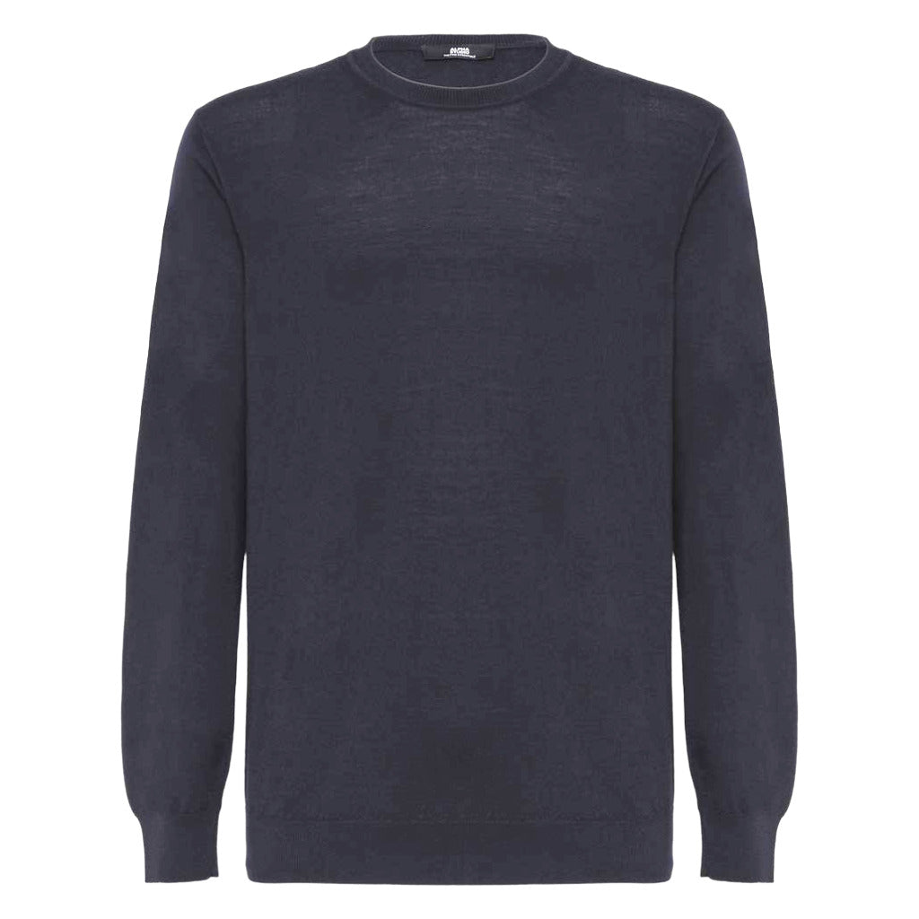 Alpha Studio – merino crew-neck sweater in blue – front flat-lay showing fine knit texture