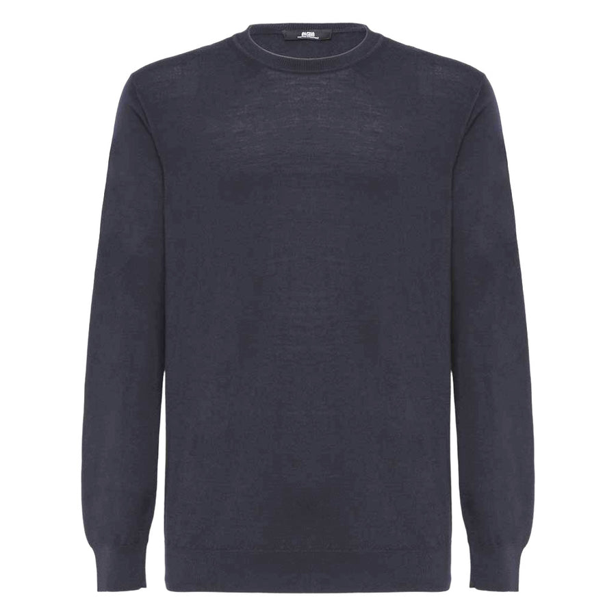 Alpha Studio – merino crew-neck sweater in blue – front flat-lay showing fine knit texture