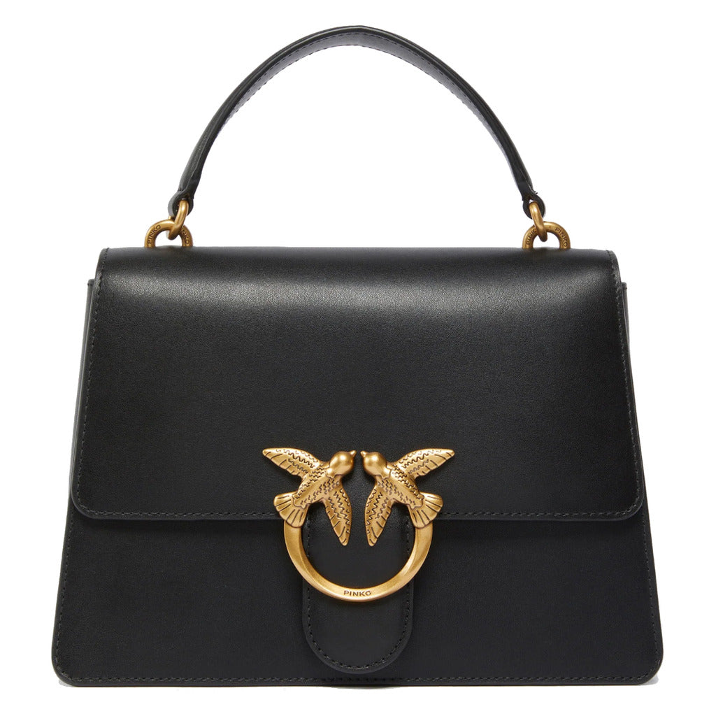 Pinko – Love One top-handle handbag in black – front view with gold bird clasp