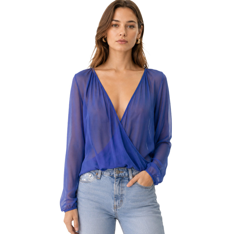 Patrizia Pepe – blue semi-transparent wrap shirt – front view with V-neck and gathered cuffs