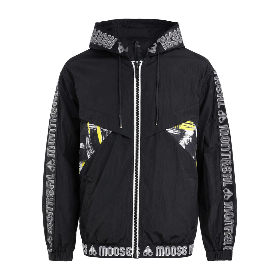 Moose Knuckles – black windbreaker jacket with logo stripes – front flat view