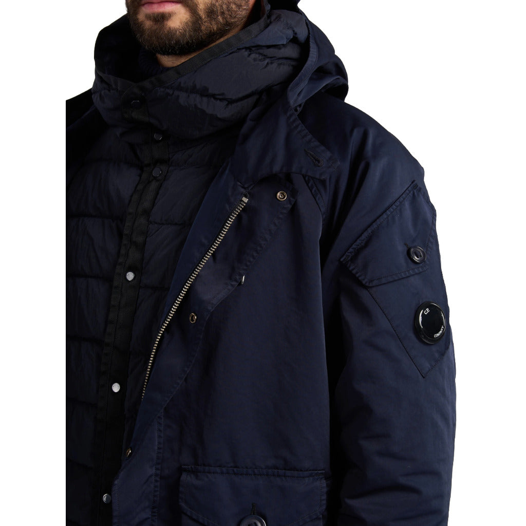 C.P. Company – Micro Kei navy hooded jacket – close-up of sleeve badge and front details