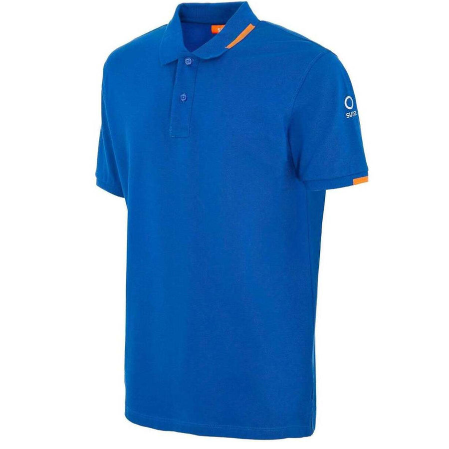 Suns – Federico Tag Brown Polo Shirt – angled packshot in bright blue with orange accents