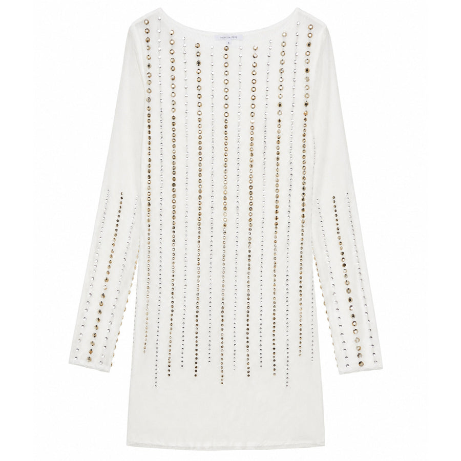 Patrizia Pepe – White rhinestone tulle dress – Front-facing flat packshot with long sleeves