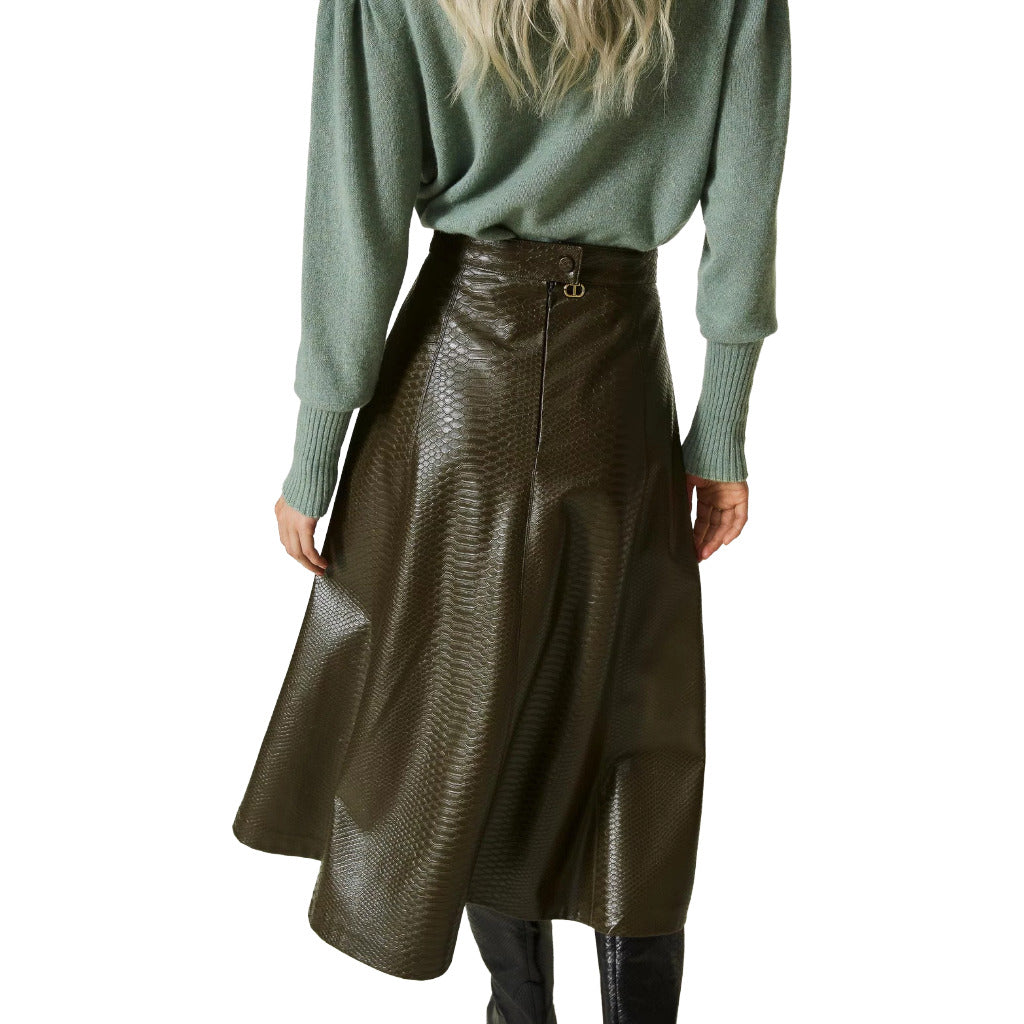 Twinset – green animal-print midi skirt – rear view showing the waistband, fastening and textured fabric