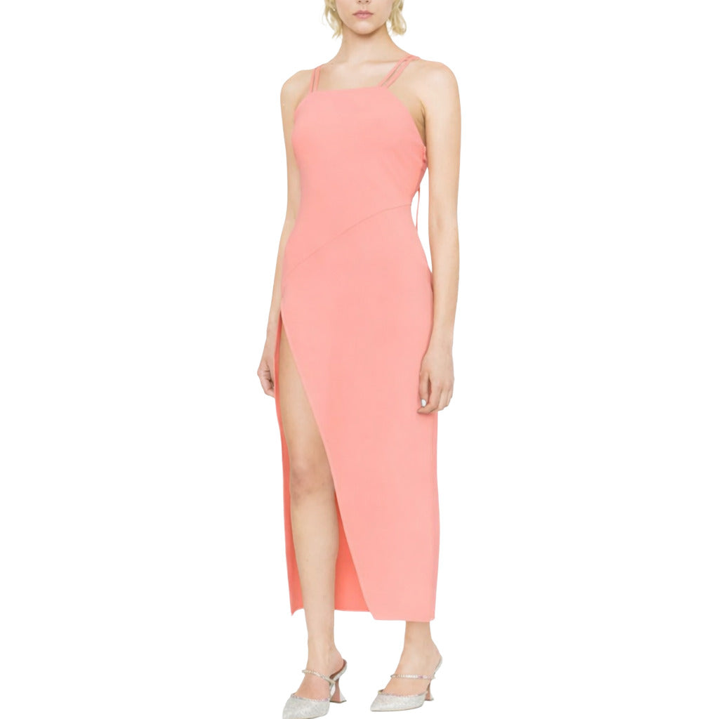 The Attico – salmon pink long dress – front worn view with straps and side slit