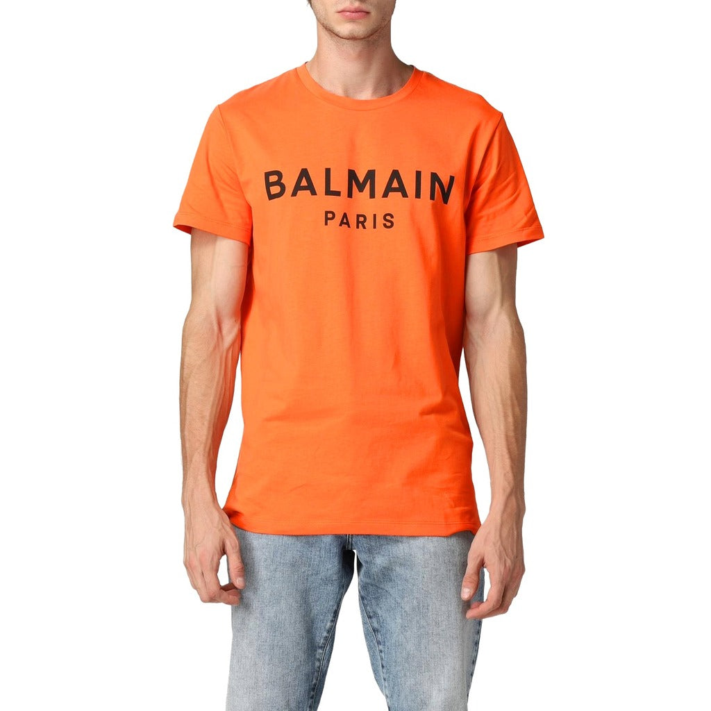 Balmain – orange short-sleeve T-shirt – front view with black Paris logo