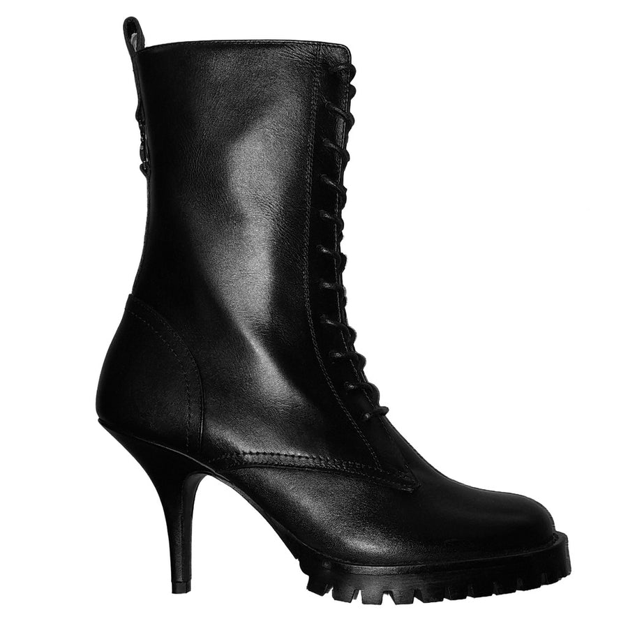 Patrizia Pepe – black calfskin ankle boots – side profile with lacing, high heel and chunky sole