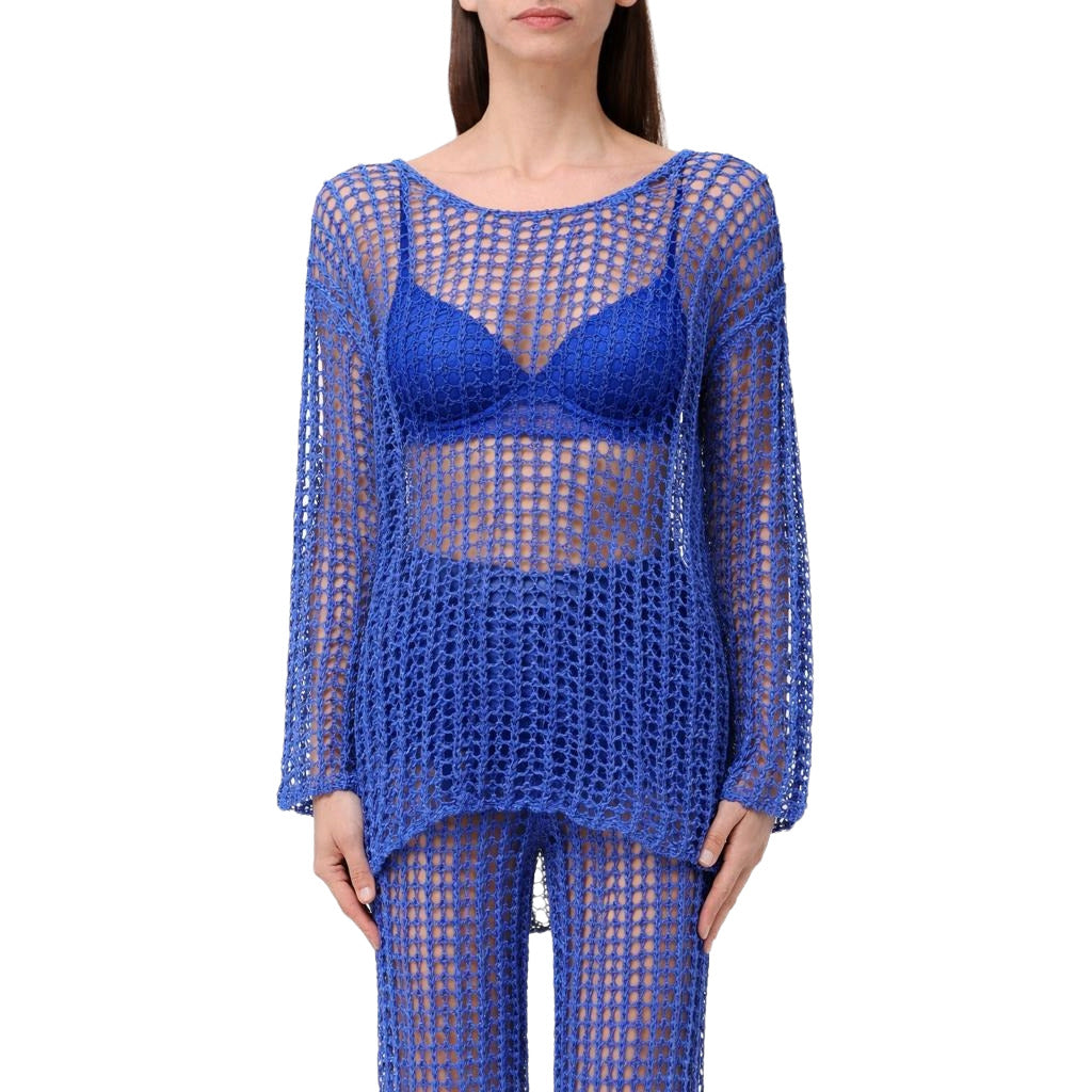 Pinko – blue mesh top – front view with open-knit texture and long sleeves