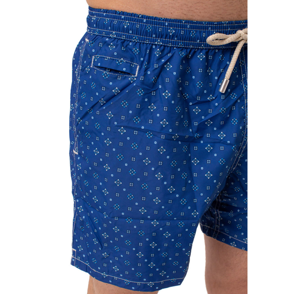 Mc2 Saint Barth – blue patterned swim trunks – close side view of pocket and drawstring