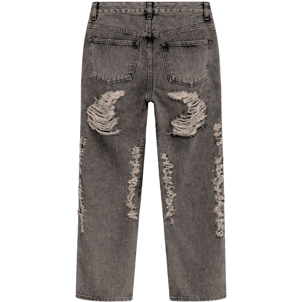 Fifty Made – black distressed jeans – back flat lay showing distressed patches and pockets