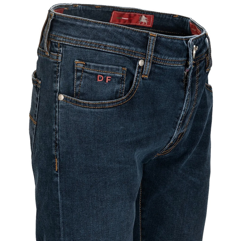 Tramarossa – Michelangelo navy jeans – angled front close-up showing waistband, pockets and stitching