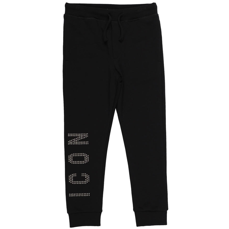 Dsquared2 – Icon Trousers with Rhinestone Logo – front view with vertical rhinestone lettering