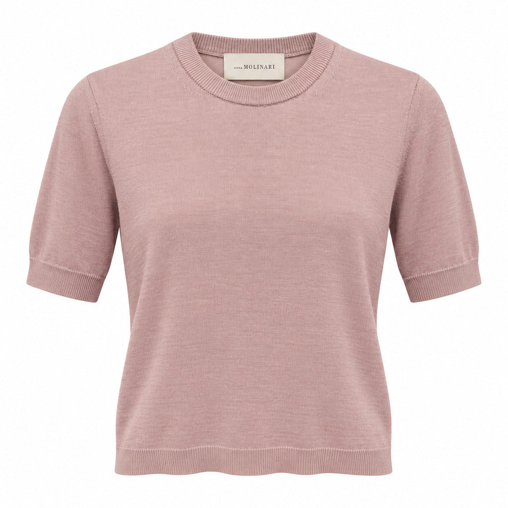 Anna Molinari – powder pink short-sleeve knit top – front flat lay with crew neck