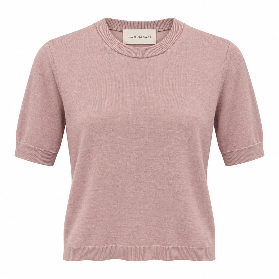 Anna Molinari – powder pink short-sleeve knit top – front flat lay with crew neck