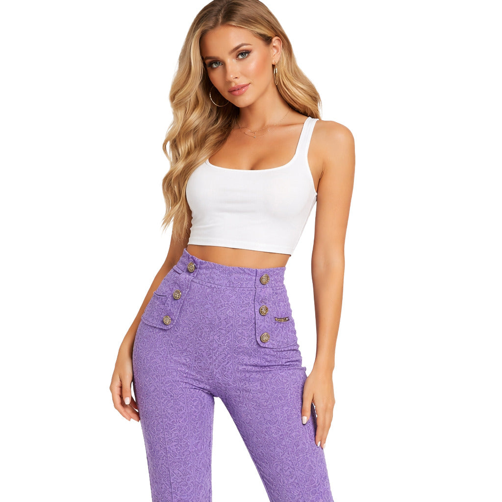 Elisabetta Franchi – purple fitted trousers – front view on model with gold-tone buttons