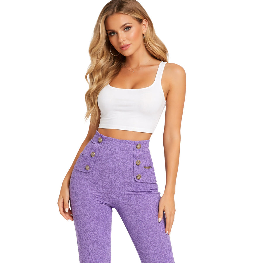 Elisabetta Franchi – purple fitted trousers – front view on model with gold-tone buttons