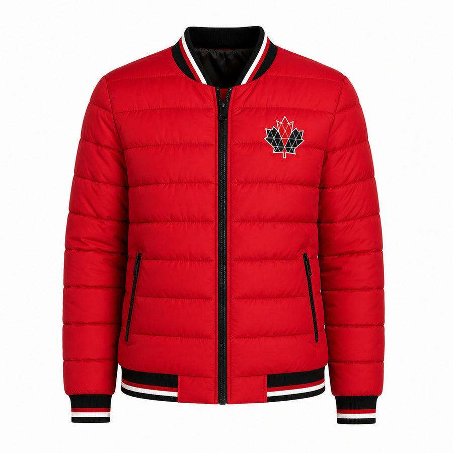Moose Knuckles – Red Varsity down jacket – Front flat view with chest emblem