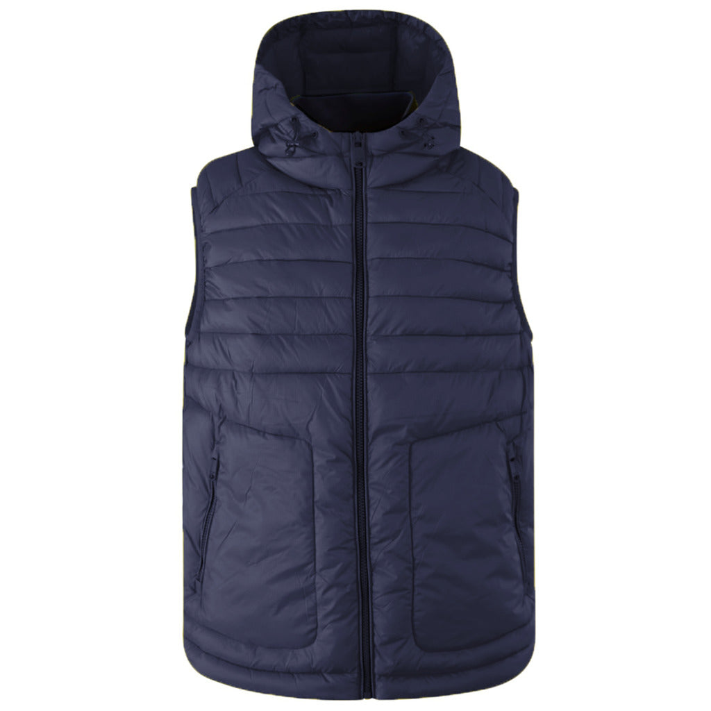 Yes Zee – Hooded Down Vest in Blue – front view with zip pockets