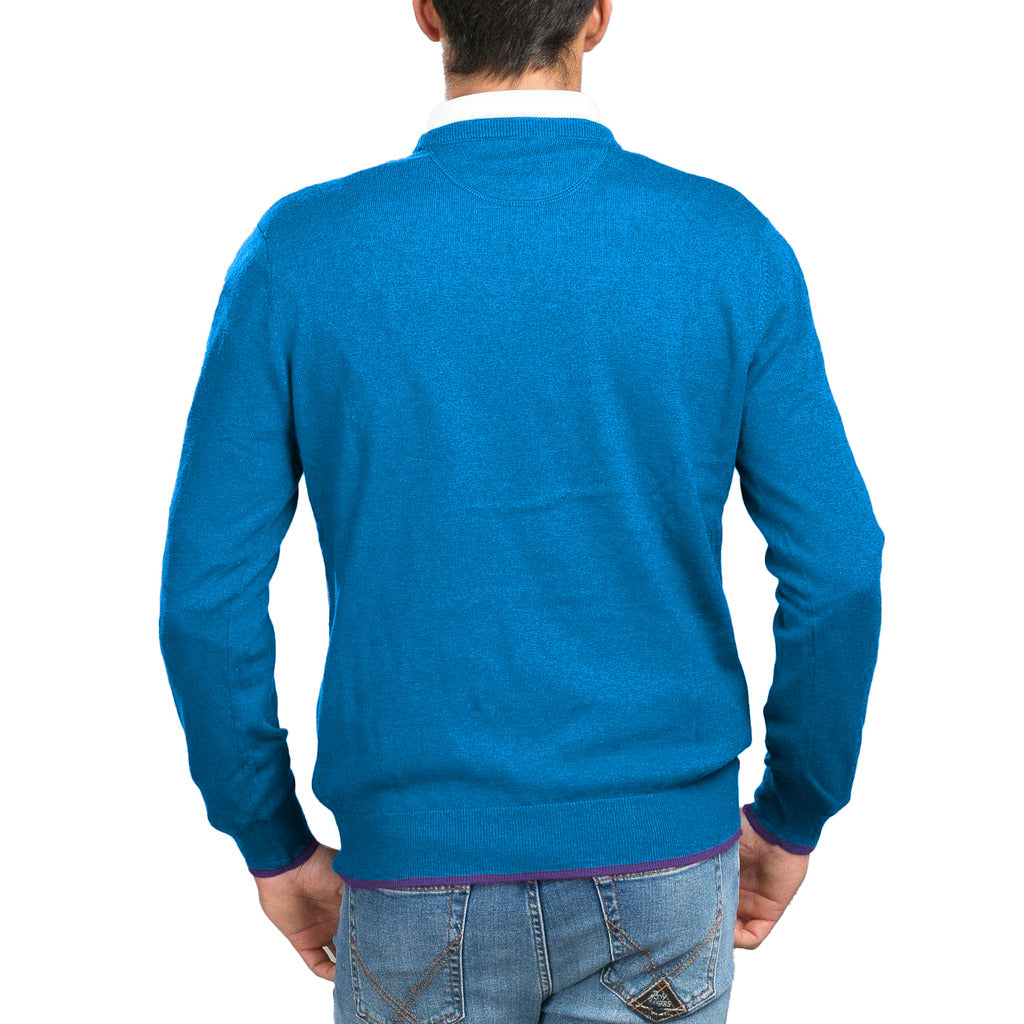 La Martina – Lambswool Crew-Neck Sweater – blue back view worn with jeans