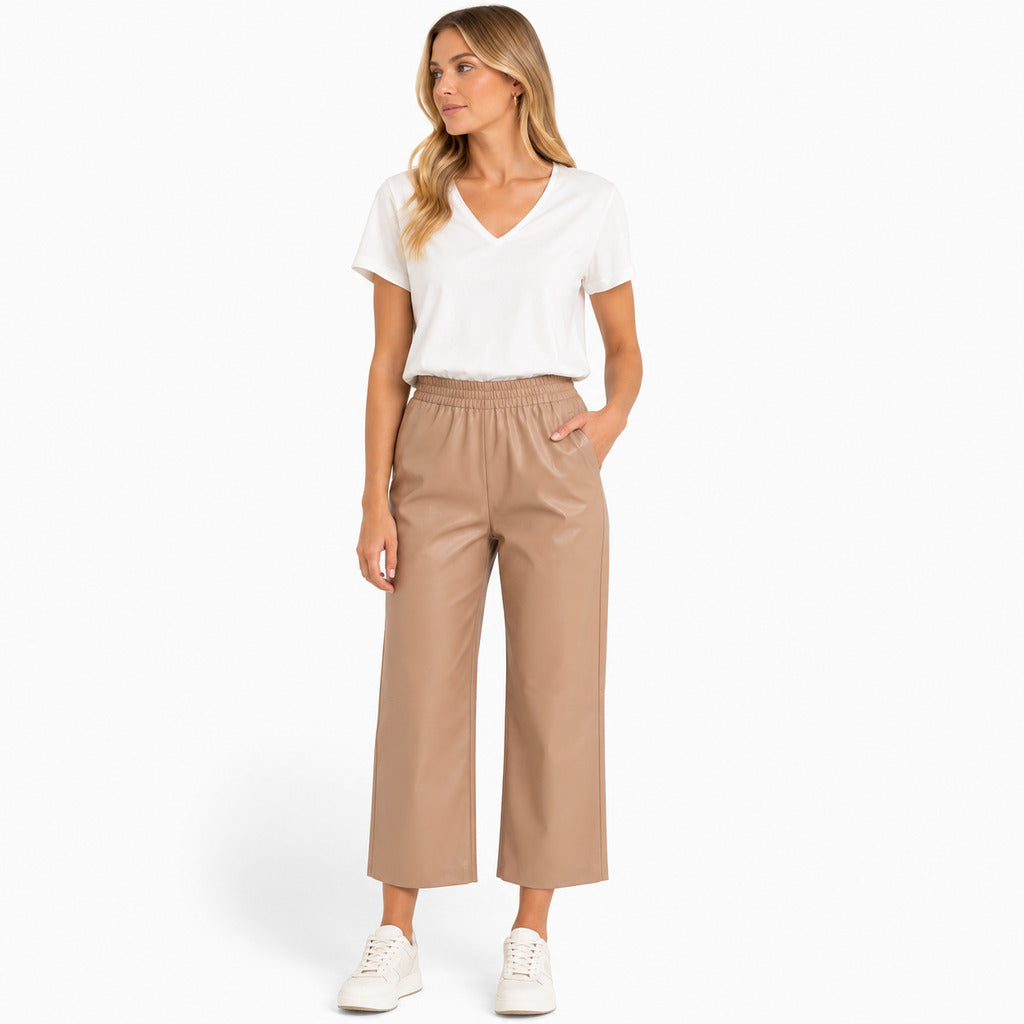 Pinko – brown leather capri trousers with straight legs – front view worn with a white T-shirt