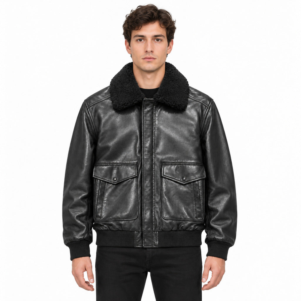 Emilio Romanelli – black calfskin leather jacket – worn front view on model