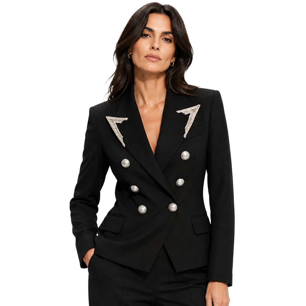 Balmain – black embellished double-breasted jacket – front view with silver buttons and decorated lapels