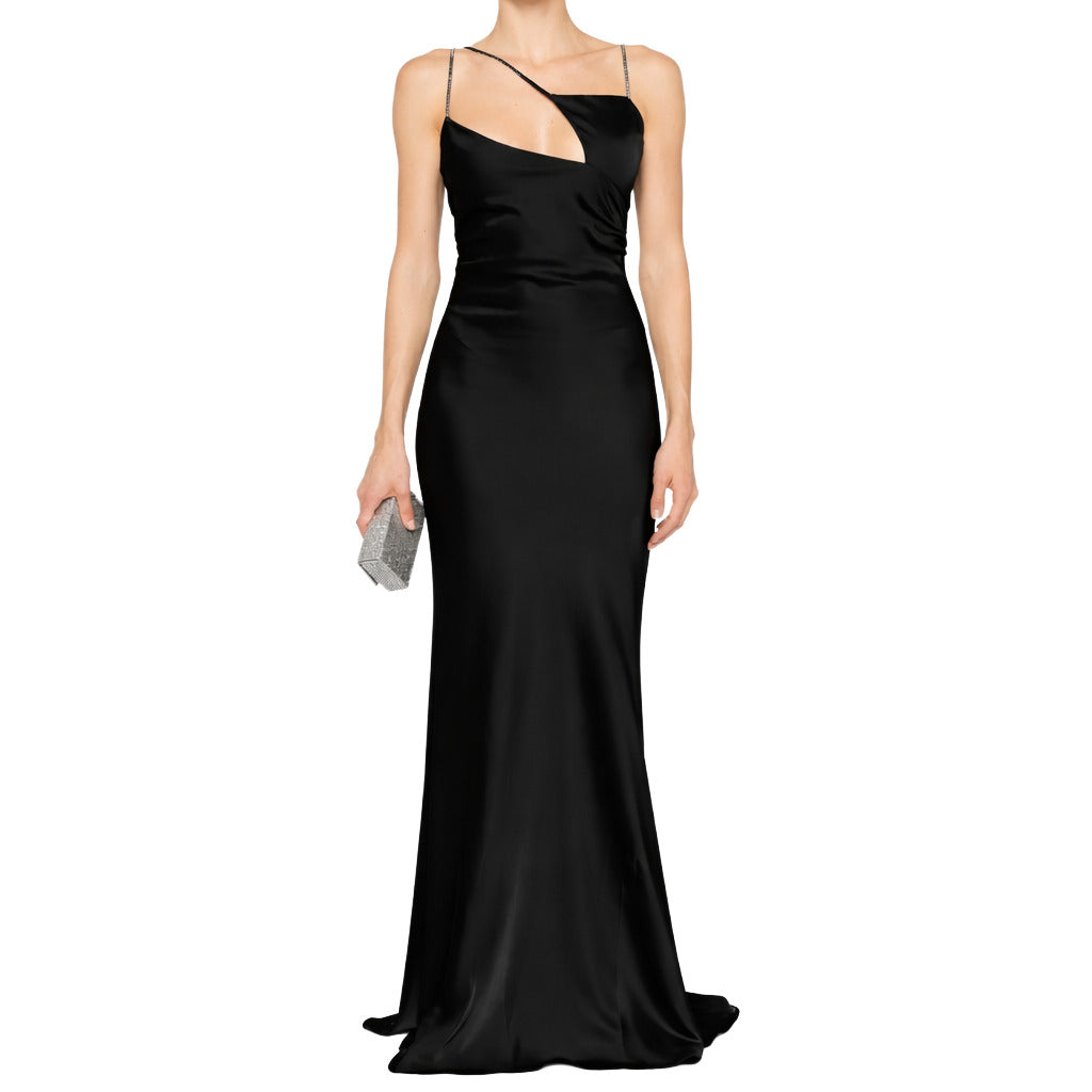 The Attico – long black sleeveless dress – front view with asymmetric neckline