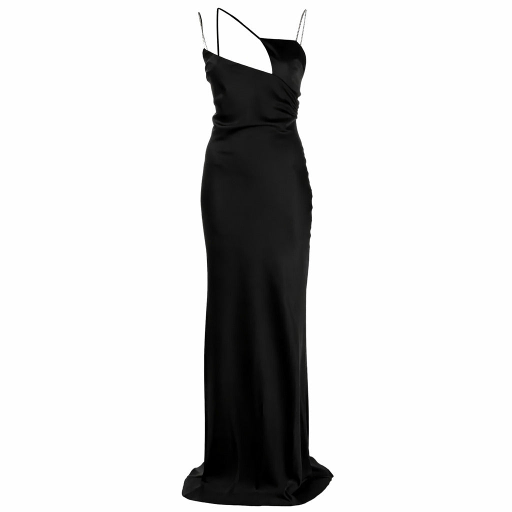 The Attico – long black sleeveless dress – flat front view with thin straps and asymmetric neckline
