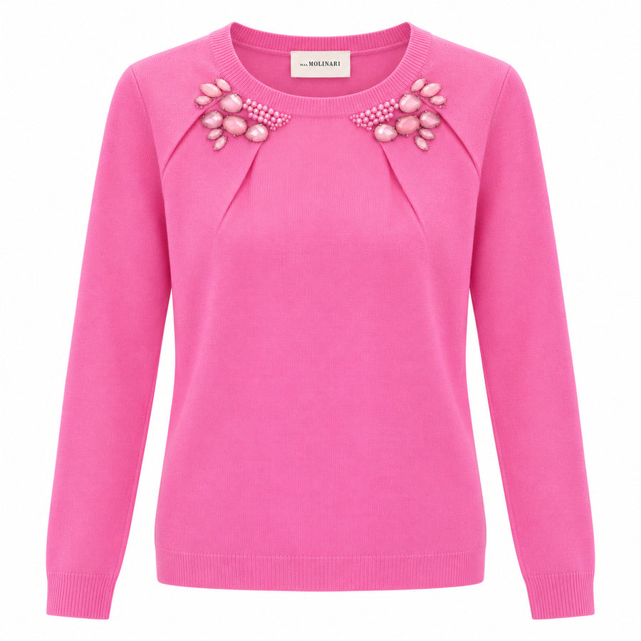 Anna Molinari – pink wool and cashmere crew-neck jumper – front packshot with beaded neckline embellishments