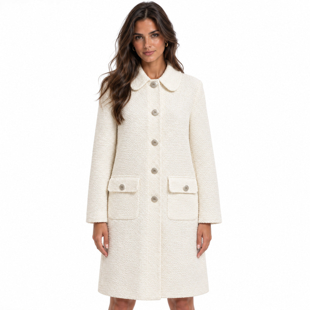 Dolce & Gabbana – white camel hair coat – model wearing it, front view with rounded collar