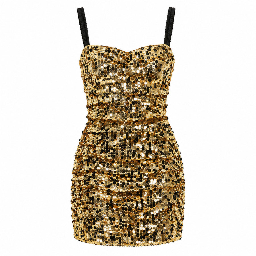 Dolce & Gabbana – gold sequin mini dress – front view on white background