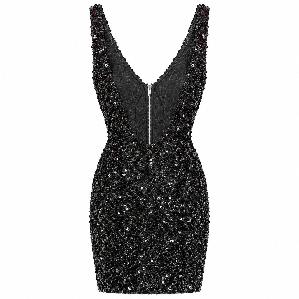 Dolce & Gabbana – black sequined mini dress – front packshot with V-neckline and zipper