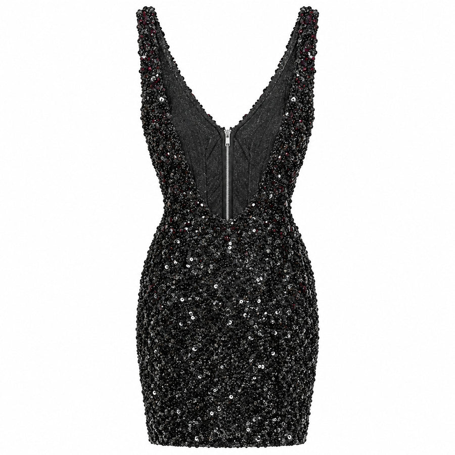 Dolce & Gabbana – black sequined mini dress – front packshot with V-neckline and zipper