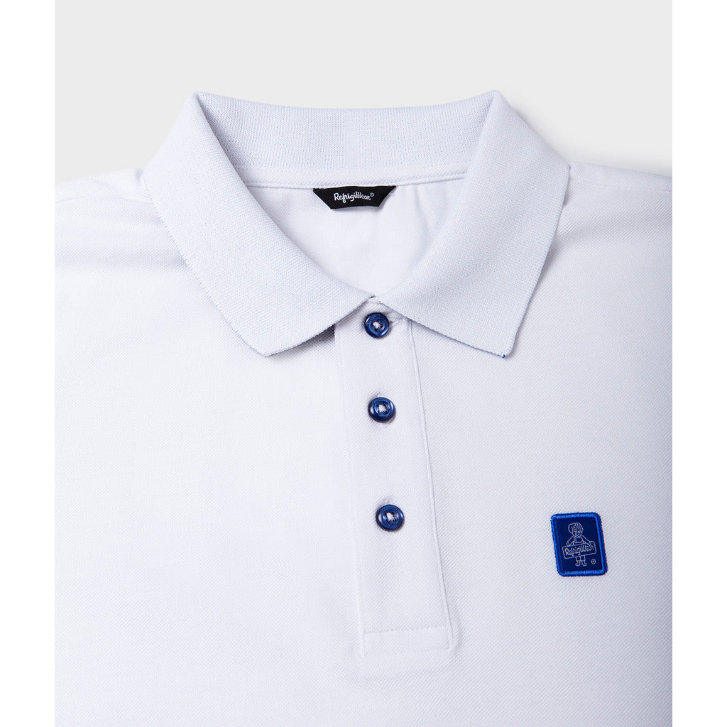 Refrigiwear – New Main Polo Shirt – Close-up of collar, blue buttons and chest badge