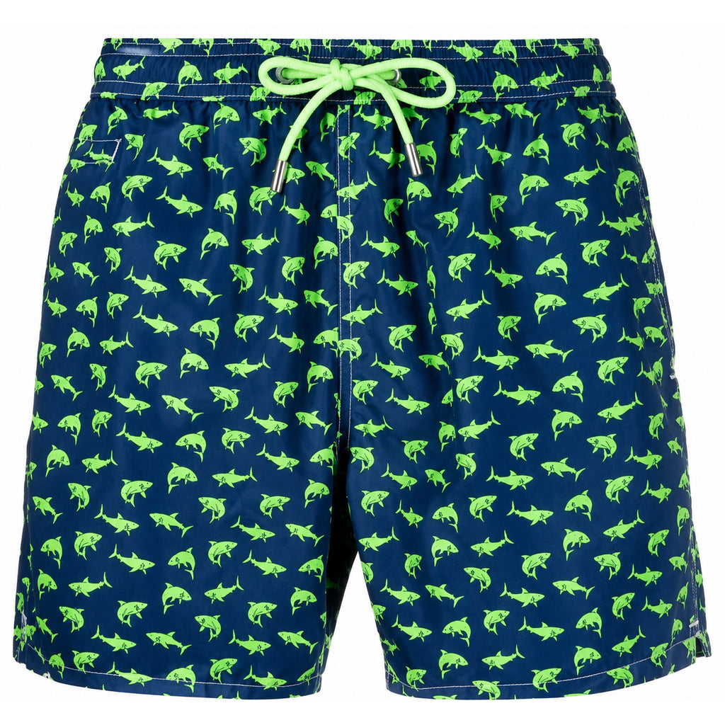 Mc2 Saint Barth – blue shark-print swim shorts – flat front view with neon drawstring